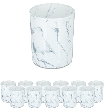 Relaxdays Teelichtgläser, 12er Set, Teelichthalter aus Glas, Schlichte Marmor-Optik, H x D: 8,5 x 7 cm, Deko, weiß/grau