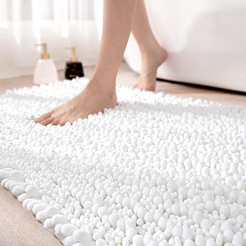 DEXI Chenille Bath Mat 40 x 60 cm, Non-Slip Bathroom Mats, Thick Soft Absorbent Rugs for Shower Floor, Machine Washable Bathmat, White