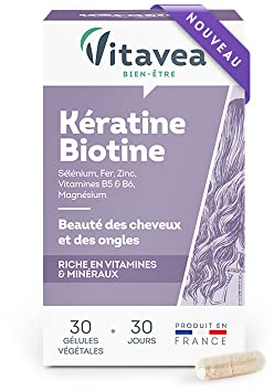 VITAVEA BIEN-ETRE - Kératine Biotine - Complément Alimentaire Soin Cheveux et Ongles - Violet (Vitamine B8), Zinc, Sélénium Vitamines B5 et B6-30 gélules - 1 mois - Fabriqué en France