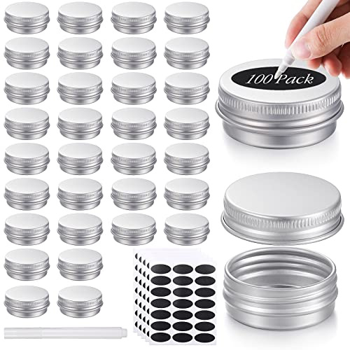 Patelai 100 Pcs Metal Tins 0.5 oz Screw Top Round Cans Aluminum Tin Jar Lip Balm Containers Bottle Empty Travel Cosmetic Cans Container with 5 Sheets Label Stickers 1 Marker(Silver)
