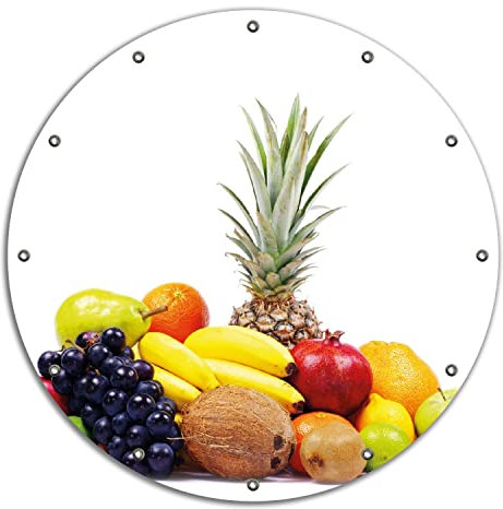 Wallario rundes Outdoor-Poster für Garten oder Balkon Gemischtes Obst aus Aller Welt - Exotische Obstsammlung, Motivbanner 90 cm Durchmesser