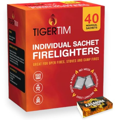Tiger Tim Firelighters Sachets Mess Free Odourless Safe Quick Fire Starter hotspot Burners BBQ Coal Wood Burners with KasaBona Safety Matches (40 Firelighters)