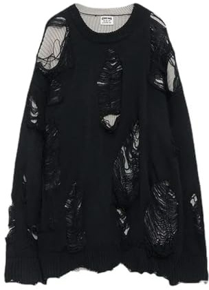 WEITING Deeptown Goth Punk Schwarz Zerrissener Pullover Damen Vintage Gestrickter Gothic Grunge Y2k Strickwaren Streetwear - Schwarz XXL