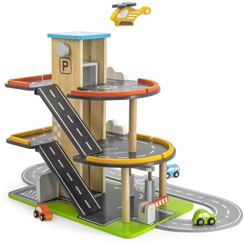 Parkgarage aus Holz mit 3 Ebenen und Spielstraße, Fahrstuhl, Waschstraße, 3 Pkw, 1 Helikopter,1 Schranke, Tankstelle