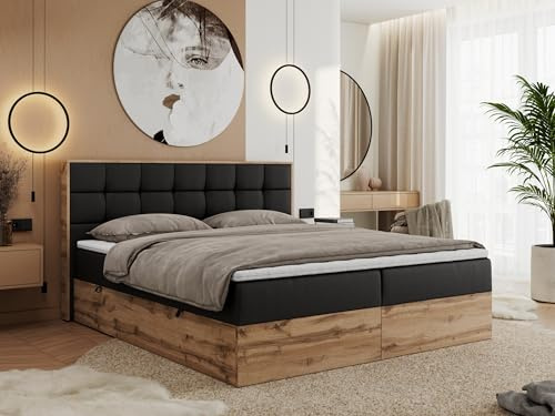MKS MEBLE Boxspringbett Albero 1-200x200 cm mit Bettkasten, Kontinentalbett/Doppelbett, 2X 7-Zonen Taschenfederkern-Matratze H3, Topper T25, Kopfteil, Schwarz Kunstleder Holzoptik Wotan Eiche