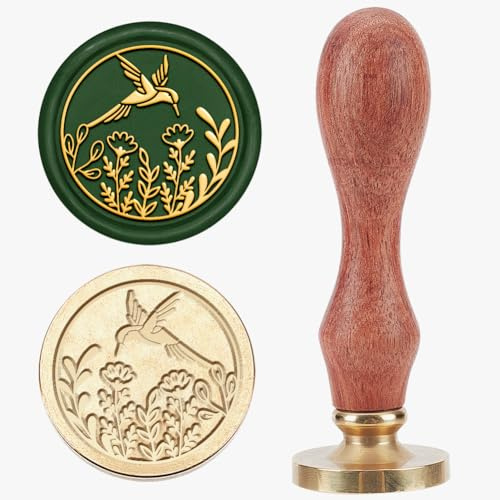MAYJOYDIY Blumen Kolibri Wachssiegelstempel 25mm Vogel Wildblumen Siegelstempel Vintage Abnehmbarer Messingstempelkopf Mit Holzgriff Für Hochzeitseinladung Umschlag Geburtstag Geschenk Dekoration