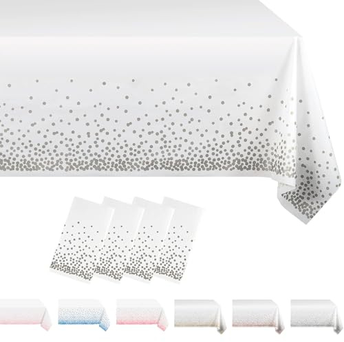 MORAINJAY 4 Stück Weiß und Silber Party Rechteckig Tischdecke, 137x274cm Dot Confetti Wasserdicht Fleckschutz Tischdecken für Geburtstagsfeier, Hochzeit, Weihnachten, Kindergeburtstag, Cocktail