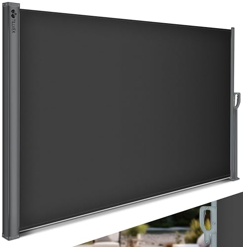 tillvex® Store latéral 180 x 300 cm extensible et opaque | Brise-vue pour balcon, jardin et terrasse | Store latéral avec support mural | Protection solaire en acier inoxydable | Store contre le vent