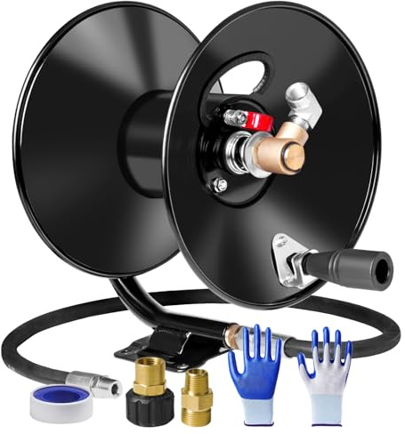 MEKOH Pressure Washer Hose Reel 50ft, 4000 PSI Heavy Duty Power Washer Hose Reel Wall Mounted, Metal Hose Reel Hand Crank, Outdoor Hose Reel for Air/Liquid/Water Use