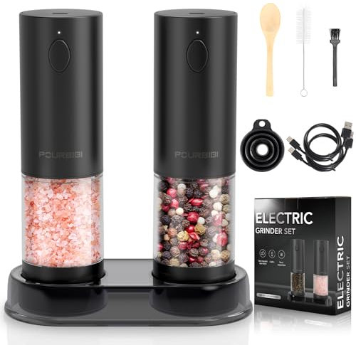 Pourbibi Salz und Pfeffermühle, Salz und Pfeffermühle Elektrisch, USB 2 Sätze Salz und Pfefferstreuer with LED Beleuchtung, Wiederaufladbar Pfeffermühle Elektrische mit Einstellbarem Keramikmahlwerk