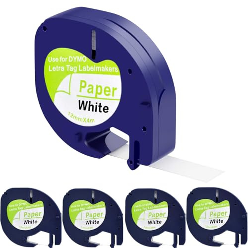 TapeTek Etikettenband Kompatibles for12mm x 4m, Schwarz auf Weiß, für Dymo LT-100H LT-100T 200B XR XM (5 Paper White)