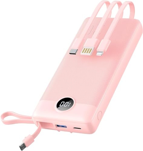 VRURC Power Bank, Cargador portátil de Carga rápida 20000mAh, Tres Cables Micro y USB C Integrados, 4 Salidas y 2 entradas Pantalla LED Banco de Carga para iPhone, Samsung, Android etc-Rosa