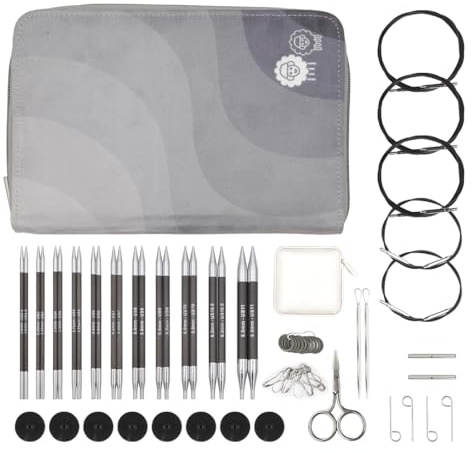 KnitPro Karbonz utbytbara nålset - par med 11 x 13 runda sticknålar med tillbehör Karbonz Regal Set för nybörjare, proffs och presentset