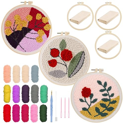 Allazone 3 Stück Punch Needle Embroidery Starter Kit, 20 cm Stanznadel Stickerei Starter Kit mit Rose Muster, DIY Stanznadel Kit mit Stickrahmen für Kunsthandwerk, Heimdekoration