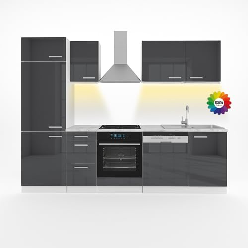 Vicco Küchenzeile Optima, Anthrazit Hochglanz/Weiß, 270 cm | ohne Arbeitsplatte mit LED-Leisten, zur individuellen Anordnung und Erweiterung geeignet