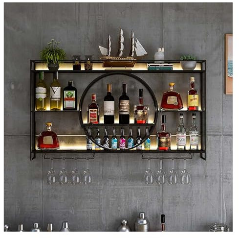 3-stöckiges Likörregal aus Metall mit Weinglashalter, Wandmontage, schwarzes Metall-Barschrank für Zuhause, Restaurant, Bar, Weinflaschenregal (100 x 80 x 15 cm)