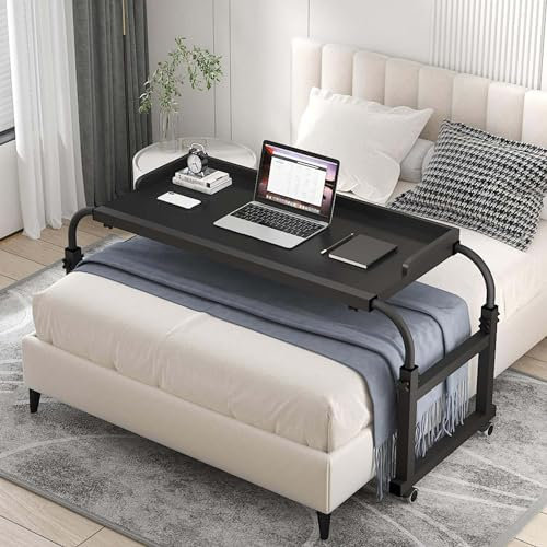 Verstellbarer Schreibtisch mit Rollen, 140 x 40 cm, mobiler Computertisch für Zuhause und Krankenhaus, höhenverstellbarer Betttisch (65 x 95 cm)