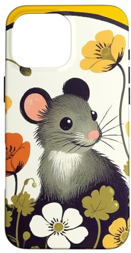 Carcasa para iPhone 16 Pro Max Ratón y flores arte lindo roedor