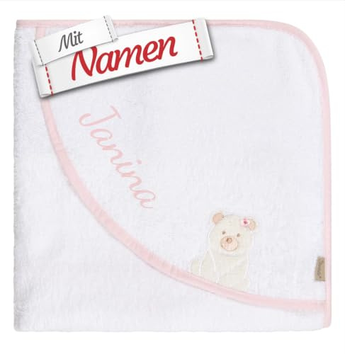 Sterntaler Kapuzenhandtuch mit Namen Bestickt - Babygeschenk zur Geburt und Taufe - Kollektion Bär Betty mit Bär Motiv, weiß/rosa 80x80 cm, Baumwolle, Tierdruck