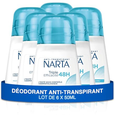 NARTA - Déodorant Femme - Triple Efficacité Anti-Transpirant Bille 48h - lot de 6x50ml
