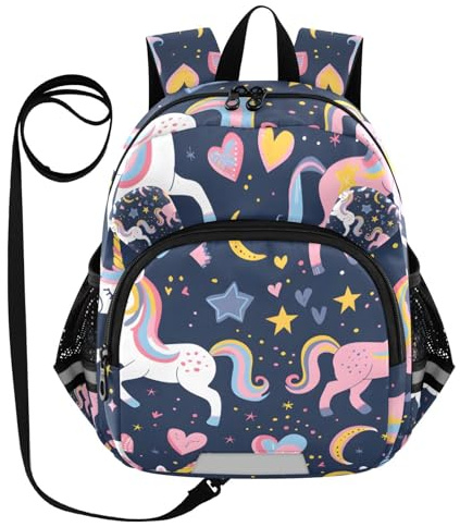 OREZI Pink and White Cute Unicorns with Hearts Moon Stars Backpack With Safety Leash Baby Daycare