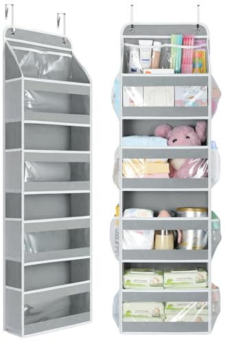Yecaye 5 Tier 1Pc Over the Door Organizer, Stuffed Animal Storage with Clear PVC Windows, Door Organizer Hanging for Bedroom Nursery Closet Dorm Room Laundry Pantry Bathroom, Grey