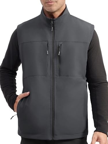 Gratis SOLDIER lätt softshell väst för män, vattentät och vindtät ventilerande väst med flera fickor, sportig för golf, cykling, löpning, vandring och arbete, Grå och svart, L