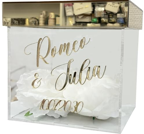 Happenings Personalisierte Hochzeitsbox für Umschläge aus Acryl – Goldspiegel, weiße Rosen, Namen des Brautpaares mit Datum – Elegante Kartenbox für die Hochzeit