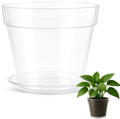 TECHZOCO Macetero con Plato, Maceta Redonda clásica de plástico con Plato, Tiesto para Plantas, Polipropileno, 20 cm Altura x 21.3 cm Diámetro Superior x 13.2 cm Diámetro Base, Transparente.
