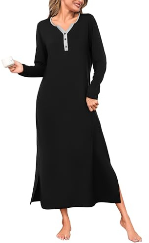Bresdk Camicia da Notte Donna Manica Lunga Cotone con Bottoni Davanti Scollo a V Camicia da Notte Donna Invernale per Casa e Casuale Nero S