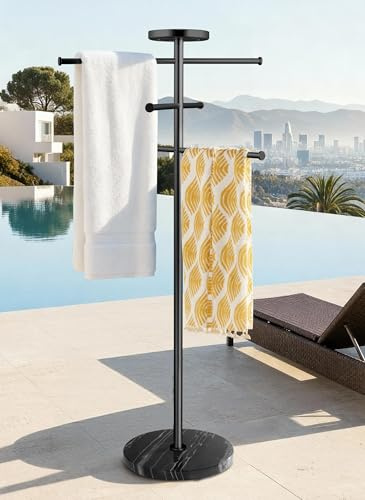 KES Natural Marble 59 Inch Pool Towel Rack Outdoor with Windproof Weighted Base, Rustproof Aluminum Alloy Outdoor Towel Rack for Hot Tub, Adjustable 3 Arms & Storage Tray, Matte Black, OTR400-BBK