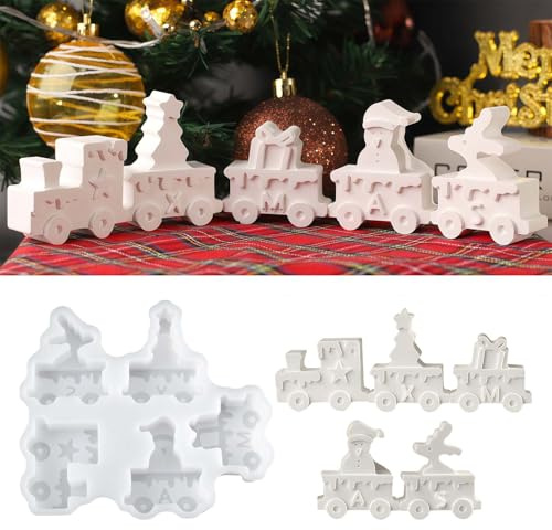 Silikonform Gießformen Weihnachten, Weihnachtszug mit 5 Festmotiven | Geeignet für Gips, Raysin und Epoxidharz für Adventsdeko, Tischschmuck und kreative Geschenkideen