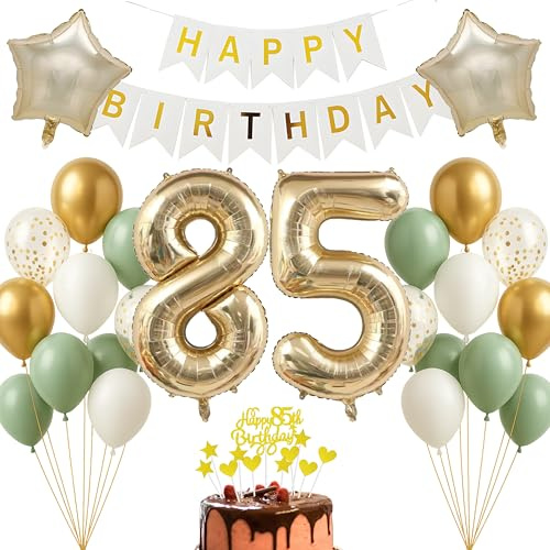 Set de decoración para cumpleaños de 85 años, color dorado champán, blanco, salvia, cartel de feliz cumpleaños para adultos, mujeres, hombres, decoración para el 85 cumpleaños, hito, decoración de