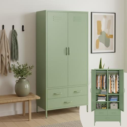 skølm Atria Kleiderschrank 80 cm, 6 Fächern, Mintgrün, Metall, 3 Schubladen | Metallschrank, 2 Kleiderstangen, Garderobenschrank, Metallkleiderschrank breit, Schlafzimmerschrank, Flurschrank stabil