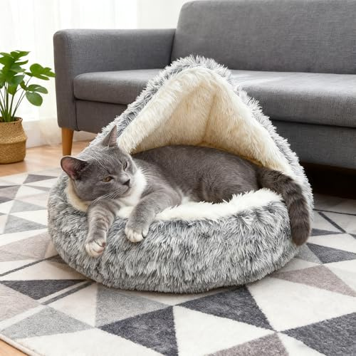 SHJOEE 65cm Ø Cama de Felpa Calmante para Gatos y Perros Cueva de Cama de Gato Cama de Perro CóModo Y CáLida en Forma de Concha Sofá de Mascota Antideslizante para Gato Y Perros Medianos Pequeños