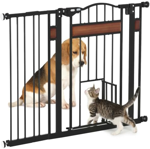 PawHut Cancelletto per Cani di Taglia Media e Piccola 74-105x76.2cm Nero | Chiusura Automatica, Cancello per Cani, Acciaio, Legno di Pino e Plastica