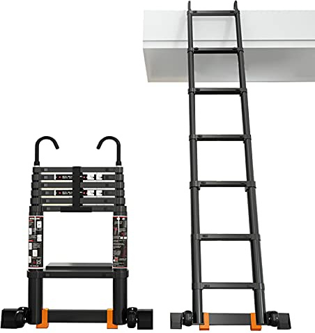 CLSDRZC Scala telescopica in Alluminio con stabilizzatore e Gancio, Scala telescopica Nera per Camper, soppalco, casa e soffitta, capacità 150 kg