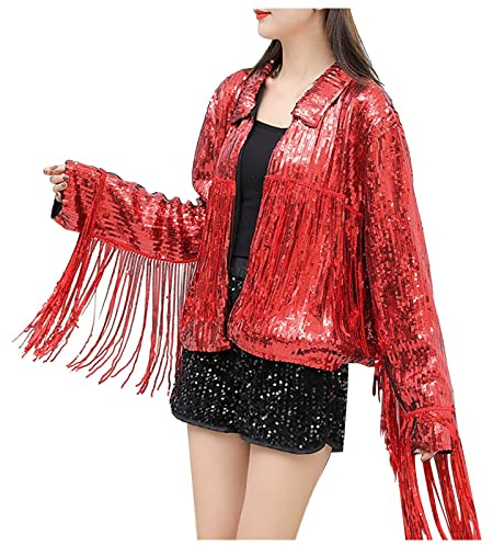 Generisch Pailletten Fransenjacke Damen Retro Lametta Jacke Lässige Glänzend Damenjacke Einfarbig Offener Blazer mit Quasten Glitzernd Bomberjacke Karnevalskostüme Clubwear für Disco Party