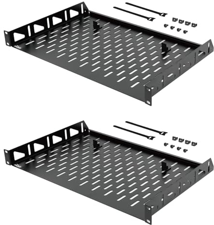 Tecmojo 19 tum 1U hylla för fast montering, montering fram, ventilerad 19 tums rack installationshylla med halkskydd, ventilerad server- och nätverksrack installationshylla, 25 kg lastkapacitet (305)