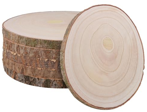 CHUENHEI 6 Stück Holzscheiben Rund 23-25 cm, Unlackierte Baumscheiben mit Rinde, Rustikale Holzscheibe Groß Holzkreise für Hochzeiten, Tischaufsätze, Handwerk, Deko