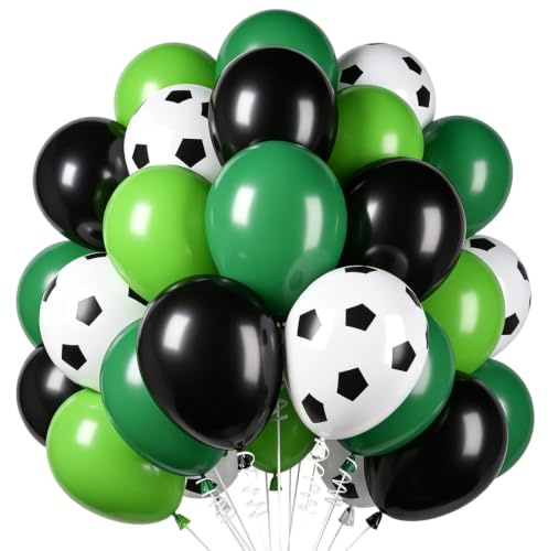 BlooMoo Fotbollsballonger grön, 50 stycken salviagröna vita svarta latexballonger, heliumballonger för födelsedag, barn, barnballonger, sporttema, fest, dekoration 30 cm