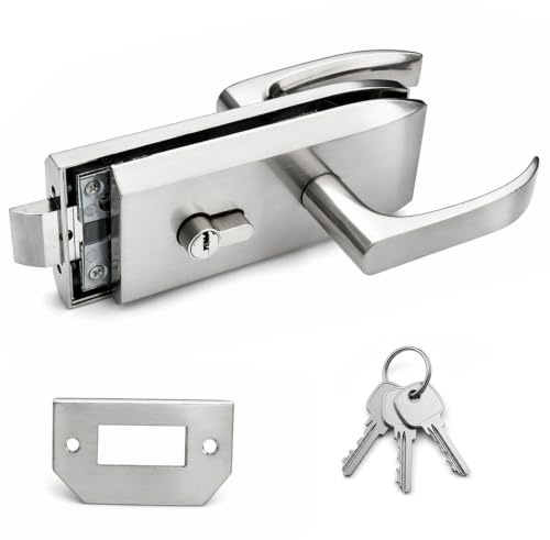 Kayuneed Serratura per porta in vetro in acciaio inox, maniglia scorrevole per porta interna con 3 chiavi, maniglia per porta in vetro da 8-12 mm, serratura per ufficio, bagno, balcone