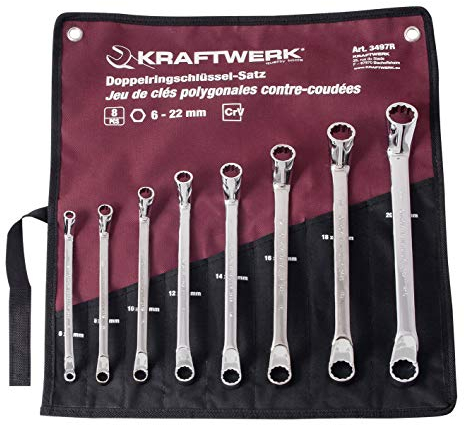 Kraftwerk 3497R - Set di 8 chiavi a doppio anello, 6-22 mm, custodia arrotolabile