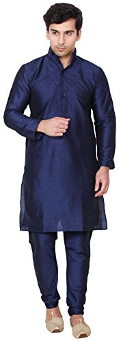 Men's Art Silk Kurta Pajama Set Wedding Dress Indian Clothing (Blue, M)