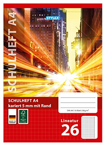 Stylex 29826-P25 - Schulheft, kariert, DIN A4, 16 Blatt mit 80 g/m² Grammatur, Außenrand, 25 Stück
