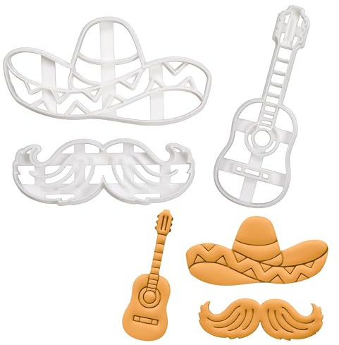 BAKERLOGY Set of 3 Cookie Cutters (Designs: Sombrero Hat, Mustache, & Acoustic Guitar) - Detailed Biscuit Cutter Design for Baking and Crafts, Ideal on Fondant, Dough, Clay