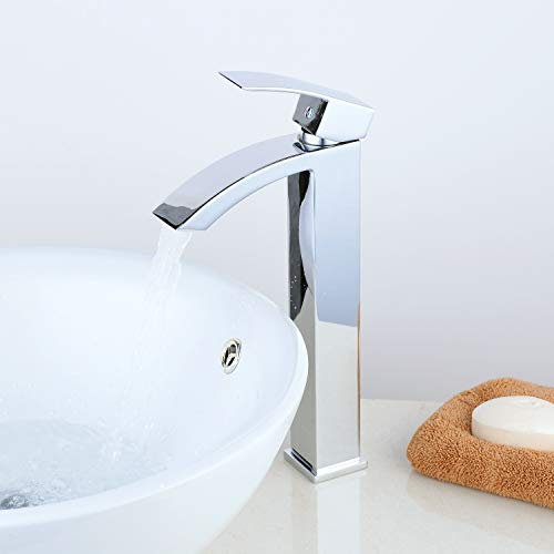 Leekayer Robinet d'évier de salle de bain à poignée unique, finition chromée, bec cascade à 1 trou, montage sur pont de toilettes, robinet haut moderne