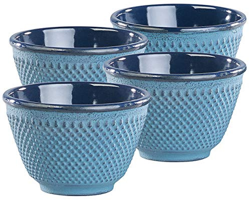 Rosenstein & Söhne Becher: 4er-Set asiatische Teebecher aus Gusseisen und Emaille, petrolblau (Teeschale, Mug, Guss)