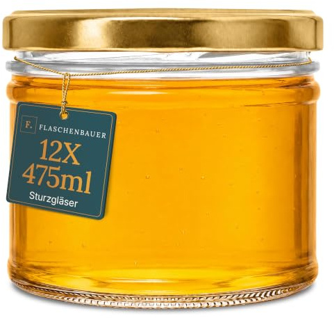 Flaschenbauer - 12x Sturzgläser 475ml - Einmachgläser mit Deckel, Schraubgläser, Marmeladengläser, Einkochgläser, Aufbewahrung von Tee & Kräuter, mit Twist-Off-Deckel - Made in Germany (Deckel Gold)