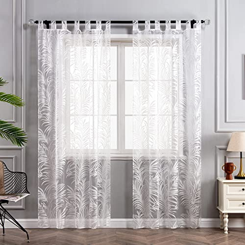 Delien Voile Ausbrenner Gardine mit Blätter Muster B140 x H145 cm, Weiß | 1 Stück,Mit Schlaufen,Transparenter Vorhang,Wohnzimmer Gardinenschals,Leicht,Luftig,Tür Fenster Dekochals,Modern Stores